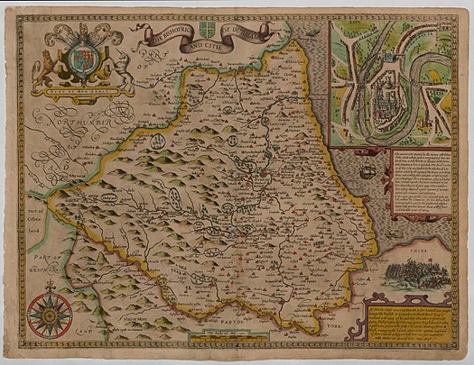 The historic boundaries of the county shown in John Speed's map of the county in his Theatre of the Empire of Great Britaine,c. 1611. These boundaries remained in use for administrative purposes until the local government reforms starting in the 1960s. A depiction of the city of Durham is inset in the top right. Durham - John Speed Map.jpg