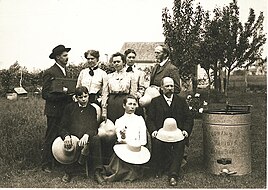 Beekeeping class on Sunset Avenue, Amherst. The man in the top left corner is instructor James Fitts Wood. c. 1903. EarlyBeekeepingMAC.jpg