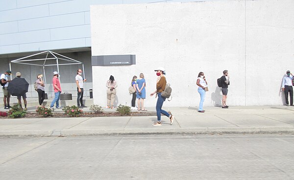 COVID-19 pandemic social-distanced queue for early voting at New Orleans Arena, 27 October 2020