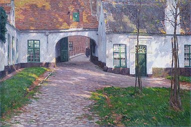 Vue sur la face arrière du portail. Le passage d’entrée traverse la maison de la tourière (no 2, à gauche) en longeant la maison no 1 (à droite). Toile d’Emmanuel Viérin (1911).