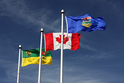 In Lloydminster, its Alberta and Saskatchewan populations surpassed 20,000 and 10,000 respectively for the first time. Flags-of-SK-Canada-AB.jpg