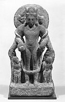Four-faced four-armed Vishnu Vaikuntha Chaturmurti, still showing Vāsudeva Krishna as the central human figure, 4th-5th century, Mathura[72][71]