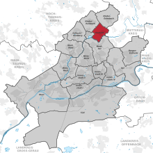 Mapa wskazująca dzielnicę (na czerwono) w pozostałej części miasta (na szaro)