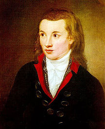 Fotografická reprodukce barevné olejomalby s portrétem mladého muže s dlouhými vlasy v kabátu s červeným límcem