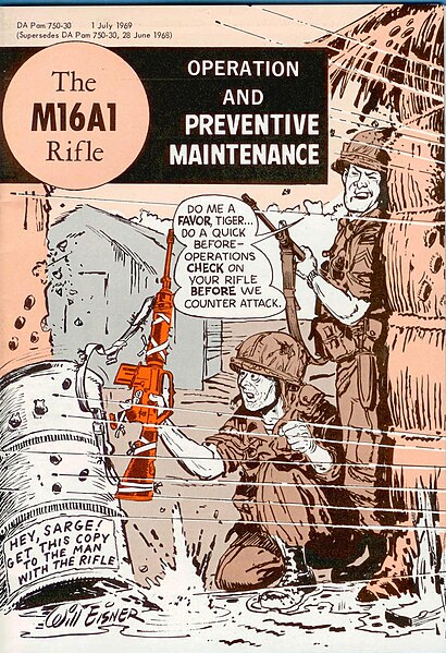 Front cover – The M16A1 Rifle – Operation and Preventive Maintenance by Will Eisner, issued to American soldiers in the Vietnam War.