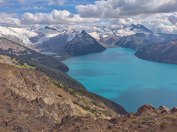 Sphinx Glacier, Garibaldi Lake and the north face of Mount Garibaldi, looking south from Panorama Ridge at 6,900 ft (2,100 m).