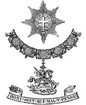 Top: A Garter "Star"; middle: A "Great George" (St George on horseback slaying the dragon) pendant from the Collar; bottom: the Garter GarterInsigniaBurkes.JPG