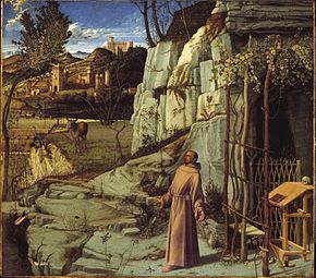 Kép egy festményről, amelyen kinyújtott karokkal, mezítelen lábakkal látható egy szikla és egy barlang, valamint egy dombos táj.  Kopár fa van a festmény közepén.  Középen a bal oldalon egy szamár, a közepén pedig egy patak maradt.