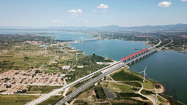 G6 Beijing–Lhasa Expressway and Beijing–Zhangjiakou intercity railway over the Guanting Reservoir, Huailai County, Hebei