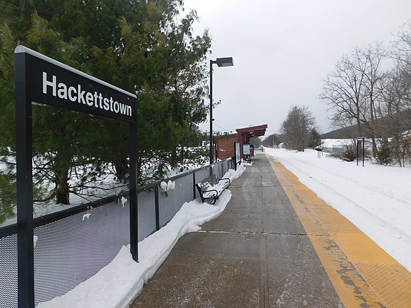 Hackettstown station along the Washington Secondary, owned by NJ Transit as viewed from next to the mini-high level platform at the northern end of th