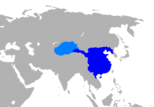 Map of Han Dynasty in 2 CE. Light blue is the Tarim Basin protectorate. Han Dynasty map 2CE.png