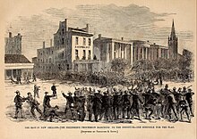 "The freedmen's procession marching to the Institute - The struggle for the flag" (Harper's Weekly) Harper's Weekly 1866-08-25 - The freedmen's procession marching to the Institute - The struggle for the flag - Sketched by Theodore R. Davis.jpg