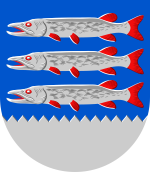 Three northern pikes pictured in the coat of arms of Haukipudas, a former municipality of North Ostrobothnia, Finland