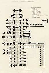 Planta de la catedral de Hereford, con el pasillo procesional tras el presbiterio