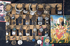 Locks on a street stall Varanasi Benares India