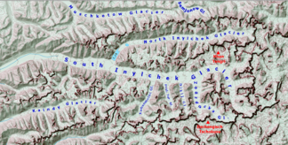 Lage der Kaindykette südlich des Kaindy-Flusstals und Kaindy-Gletschers