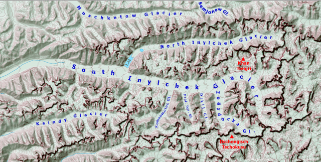 Lage des Tengritoo zwischen Nördlichem und Südlichem Engiltschek-Gletscher