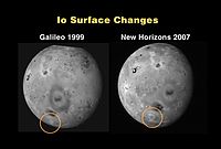 Two gray-scale spacecraft images, displayed side-by-side, of a planetary body (Io). The image on the right was taken by the Galileo spacecraft in 1999. The image on the right was taken by New Horizons' LORRI camera in 2007. Approximately, the same hemisphere of Io is displayed in both images. A bright region near the bottom of both images is circled. In the image on the right, a small area of dark material is seen.