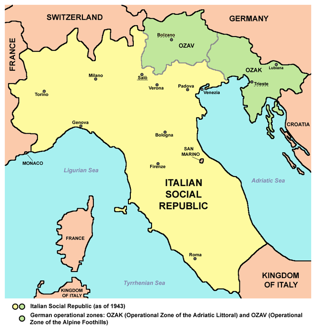 Gult = Under Salòrepublikens kontroll  Grönt = Formellt under Salòrepublikens kontroll men de facto under tyskt styre