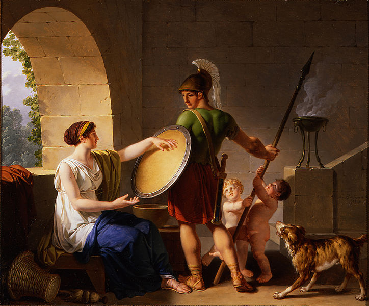 Spartansk kvinna ger skölden till sin son.