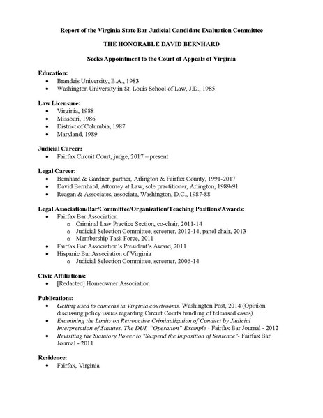 File:Judge David Bernhard - Virginia State Bar (VSB) Unanimous Evaluation for CAV - Highly Qualified.pdf