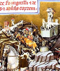 A magyarok bejövetele Pannóniába (miniatúrarészlet a Képes krónikából)