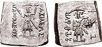 Balarama-Samkarshana, holding the gada and plough, and Vasudeva-Krishna,holding the sankha (a conch) and chakra, the half-brother avatars of Vishnu, are the earliest representations of avatars. Mint of the non-Hindu coinage of Agathocles, an Indo-Greek ruler, circa 185-170 BCE