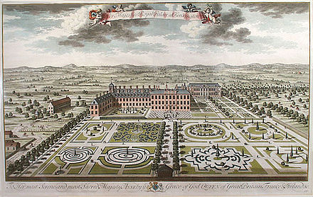 Engraving of Kensington Palace south front with its parterres, 1724