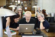 Edit-a-thon participants improving Wikipedia articles about philosophy at the San Diego Central Library, 2016 Kevin Gorman memorial edit-a-thon at Wikiconference North America 2016.jpg