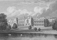 Knowsley Hall, seat of the Earls of Derby, Stanley family, 1829 KnowsleyHallJonesViews1829.jpg