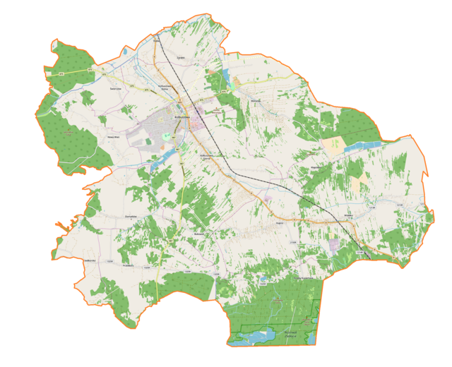 Mapa konturowa gminy Kolbuszowa, blisko centrum u góry znajduje się punkt z opisem „Kolbuszowa”