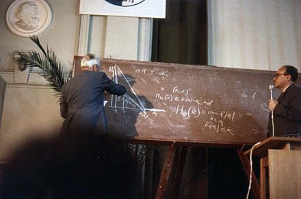 Kolmogorov (left) delivers a talk at a Soviet information theory symposium. (Tallinn, 1973).