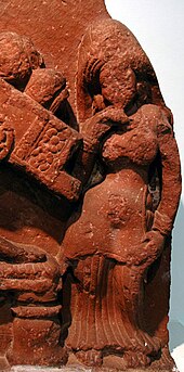 Gupta-period depiction of women in ancient form of gagra and long choli, 320 CE-550 CE, Uttar Pradesh, India. Krishnacart.jpg