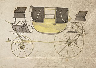 Landau (carriage) four-wheeled open boat-shaped carriage with two doors, two facing benches for four to six persons, with convertible hood on both sides and seperate raised bench. Primarily for passenger transport