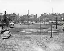 Route 43 trolleys at the Lenox Street loop in August 1956, two months after the loop became the new outbound terminus of the line Lenox Street loop facing east, August 1956.jpg
