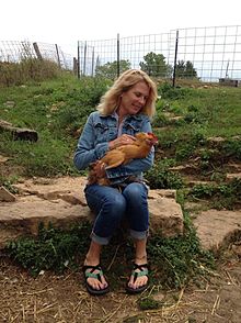 Lorri Houston holding a rescued hen. Lorri Houston.jpg