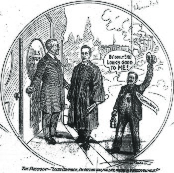 Political cartoon published February 6, 1916 in The Denver Post depicting "Mr. Common People" cheering as President Wilson brings Brandeis to the Supreme Court. Wilson himself exclaims, "Louis Brandeis, I'm putting you, for life, where we need you most!" Louis Brandeis Supreme Court nomination political cartoon Denver Post February 6, 1916.jpg