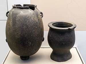 Lower-Egypt basalt jars in the shape of pottery from Maadi, Naqada I Naqada II, British Museum EA 34398, EA 26654.jpg