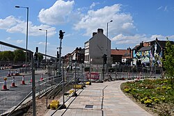 An overview of A63 junction realignment works at Lowgate towards the Myton Bridge in Kingston upon Hull, part of the A63 Castle Street Improvement Scheme.