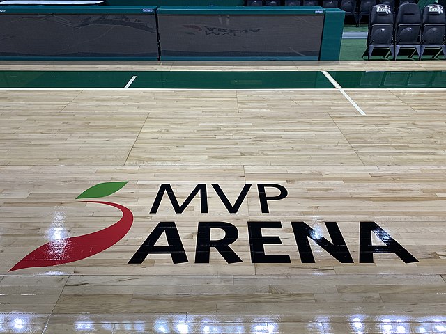 MVP Arena logo pictured on the Siena Men's Basketball court in 2022