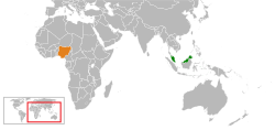 Mapa označující umístění Malajsie a Nigérie