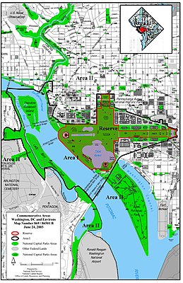 Map Number 869/86501 of Washington, D.C., and its environs produced by the National Park Service of the U.S. Department of the Interior. This map shows the three areas used by the U.S. Commission of Fine Arts, U.S. National Capital Memorial Advisory Commission, U.S. National Capital Planning Commission, and U.S. National Park Service to site commemorative works in the D.C. metropolitan area. This map is cited in the Fallen Journalists Memorial Act designating acceptable locations for the Fallen Journalists Memorial. Map Number 869-86501 - US National Park Service - 24 June 2003.jpg