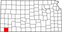 Harta statului Kansas indicând comitatul Stevens
