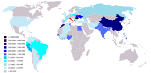 Immigrants by country of origin as of 2023. Italy is home to a large population of migrants from Eastern Europe and North Africa. Mappa stranieri in Italia 2023.png