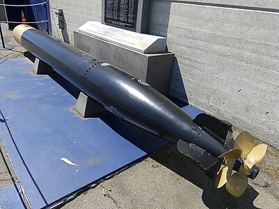 Mark XIV torpedo exposed in front of USS Pampanito.