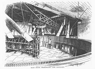 The Mash House at Marrowbone Lane Distillery, circa. 1887. The distillery's mash tuns were said to be the largest in the United Kingdom at the time. Marrowbone Lane Mash House.jpg