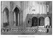 Gravure du dix-neuvième siècle représentant une procession traversant le transept de la cathédrale devant le jubé