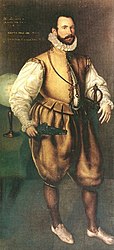 Мартин Фробишер носит колет застёгнутым на шее и открытым снизу, 1570-е гг.