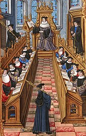 Meeting of doctors at the University of Paris. From a 16th-century miniature. Meeting of doctors at the university of Paris.jpg