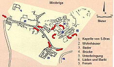 The layout of Mirobriga showing the chapel of Sao Bras (1), residential villas (2), thermae (3), bridge (4), accommodations (5), market (6) and forum (7) Mirobriga.JPG